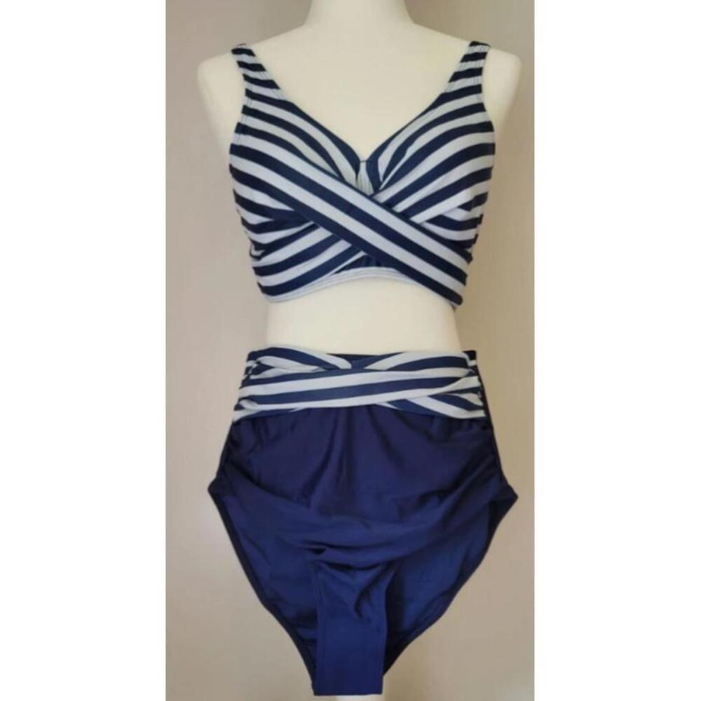 Large 2-piece bathing suit, blue and white stripe SMISMIVO brand new